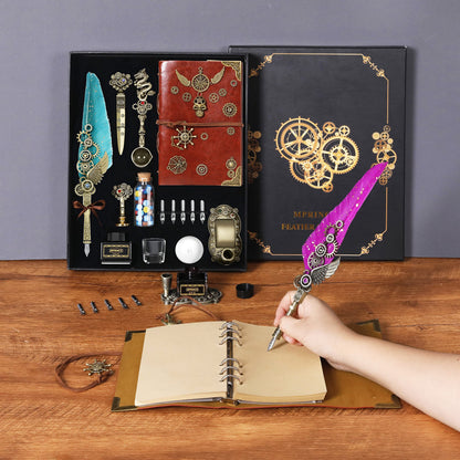 Aifeiter Quill Pen and Ink Set With Quill and 5 Replaceable Nibs,Seal Stamp,Spoon,Wax Beads,White Wax,Pen Holder, Cup,Envelope,Letter Paper,Envelope Tool(green)