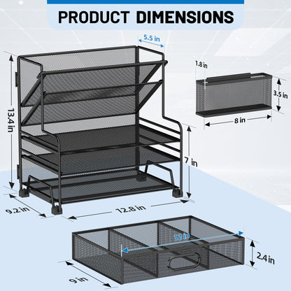 5 Tier Desk Organizer with Drawer & Pen Holders, Desk File Organizer Letter Tray Paper Organizer, Black