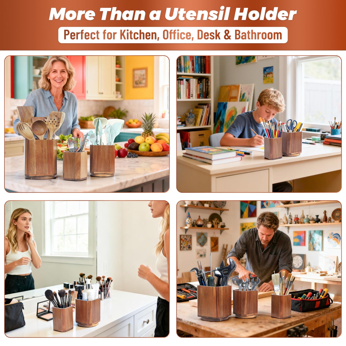 KINGSOW Wooden Utensil Holder Set: 3PCS Extra Large Acacia Wood Organizer with 360° Rotating Base for Kitchen Countertop - Farmhouse Storage Crock for Multi-Generation Family & Cooking Enthusiasts