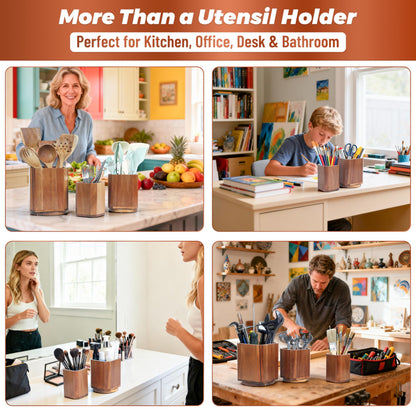 KINGSOW Wooden Utensil Holder Set: 3PCS Extra Large Acacia Wood Organizer with 360° Rotating Base for Kitchen Countertop - Farmhouse Storage Crock for Multi-Generation Family & Cooking Enthusiasts