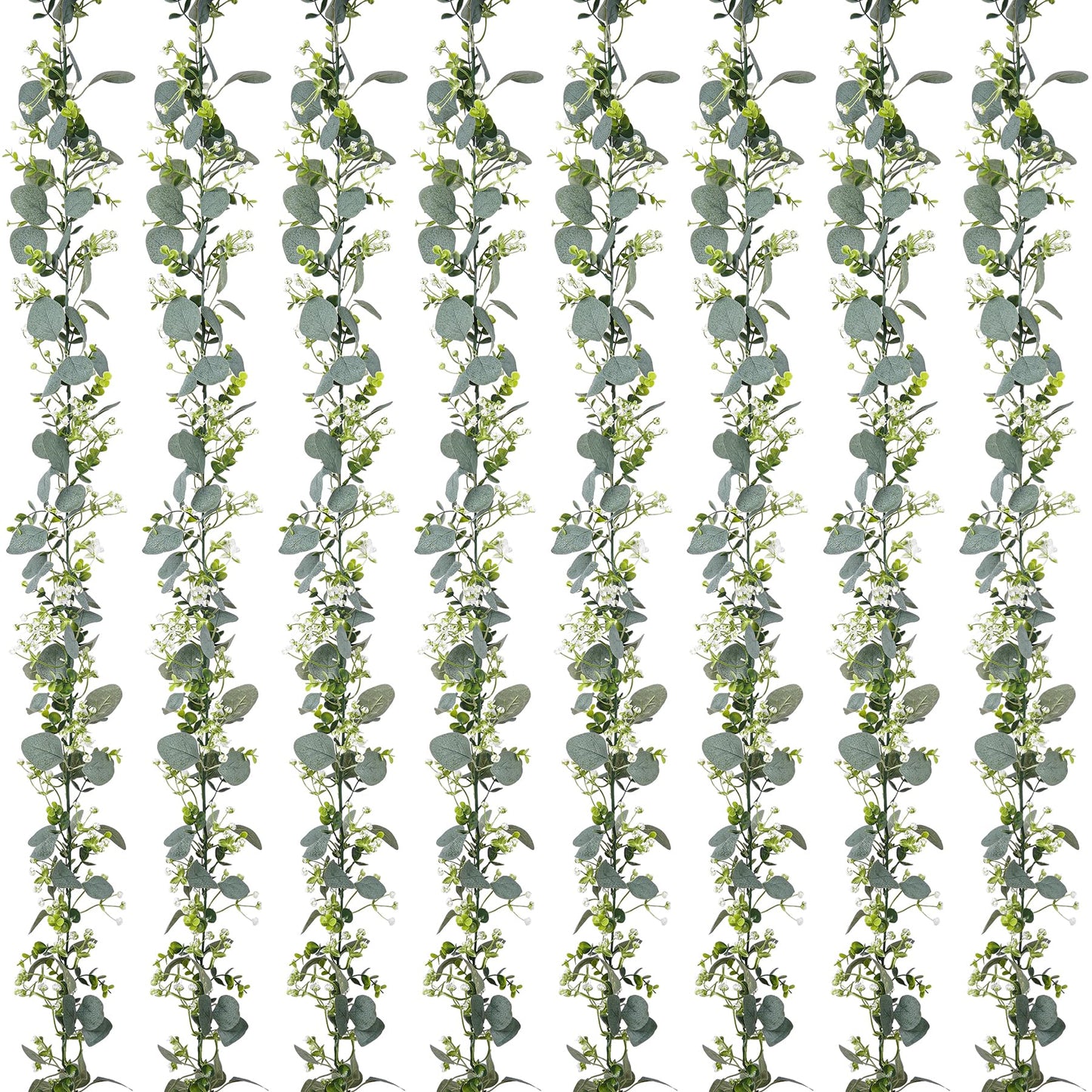 BonBloom's 8 Packs Artificial Eucalyptus Garland with White Flowers 5.9Ft Faux Greenery Garland Vines Spring Garlands for Bedroom Centerpieces Table Wedding Backdrop Arch Mantle Room Decor