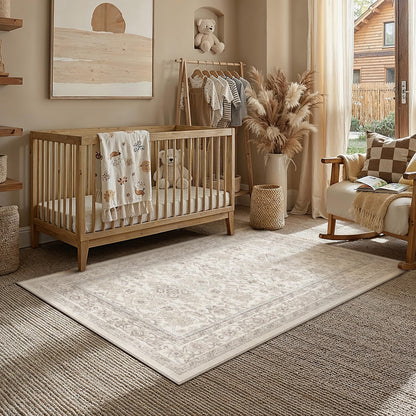 HUGEAR Area Rug 5x7 Retro Beige Machine Washable Living Room Rugs Distressed Vintage Floral Vacuumable Low Pile Carpet Bedroom Office Dining Room Laundry Room Non Slip Soft Lightweight