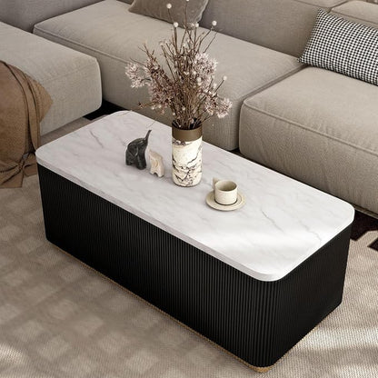 Furniture of America Beryl Modern Rectangle White Genuine Marble Top Coffee Table with Fluted Pedestal Base and Gold Stainless Steel Accent, Low Profile Table for Living Room, Home Office, Black