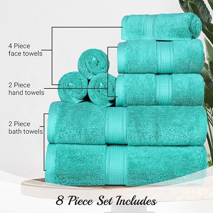 SUPERIOR Egyptian Cotton Pile 8 Piece Towel Set, Includes 2 Bath, 2 Hand