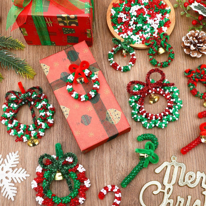UPINS 2000pcs Christmas Tri Beads,Christmas Beaded Ornament Kit Red Green White Beads Pipe Cleaners Golden Bells for Tree Hanging Wreath Cane Jewelry Making Party Decoration