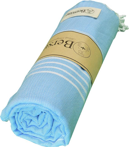 Bersuse Towels Anatolia XL Beach Blanket Throw Blanket Turkish Towel 100% Cotton Extra-Large Quick-Dry Lightweight Premium Peshtemal Towel - 61x82 Inches, Blue