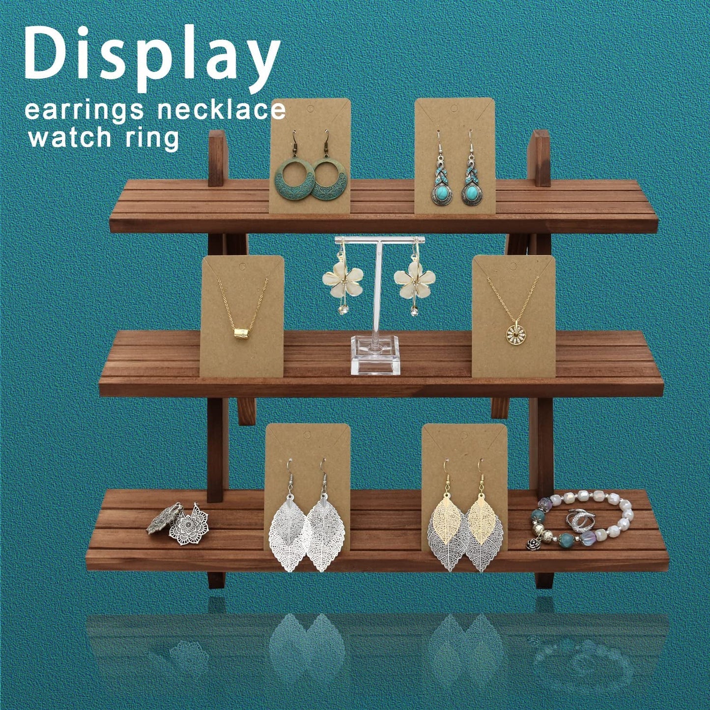 Auroal 51pcs 3-Tier Wood Earring Display Stand, Retail Display Riser Earring, Ring Holder Stand, Removable Countertop Small Merchandise Display Stand with 50 Pcs Earring Card (Light Brown)