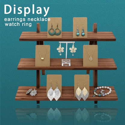 Auroal 51pcs 3-Tier Wood Earring Display Stand, Retail Display Riser Earring, Ring Holder Stand, Removable Countertop Small Merchandise Display Stand with 50 Pcs Earring Card (Light Brown)