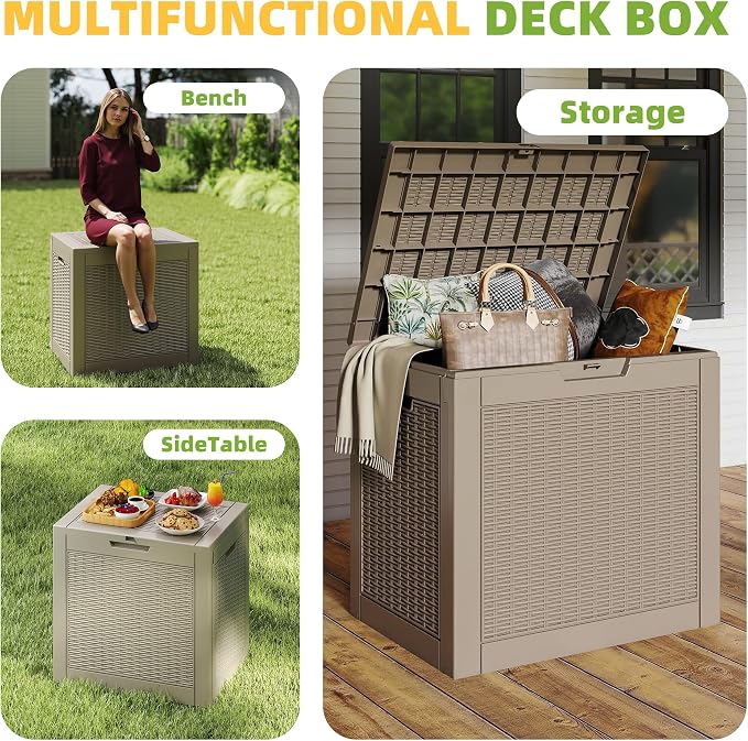 Vixzen 31 Gallon Waterproof Large Deck Box, Lockable Resin Outdoor Storage Box with Hydraulic Lid, Durable Storage Bin for Patio Furniture Cushions, Garden Tools, Pool Accessories, Grey
