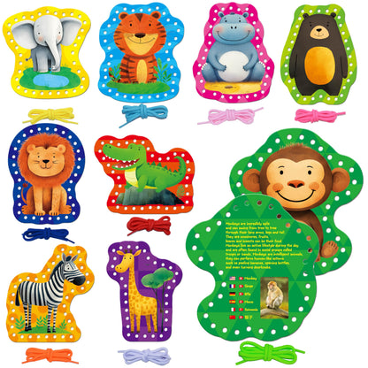 SpriteGru 9 PCS Kids Lacing Cards, 9 Double Sided Wild Animals Sewing Cards with 9 Colorful Laces, Educational & Learning Toys for Preschoolers, Kids Ages 3+