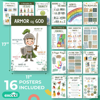 Excool Club Sunday School Decorations For Classroom - 16 Book Of The Bible Posters For Kids, Ten Commandments Fruit Of The Spirit Wall Art, Bible Study Supplies For Christian Classroom Decor (11"x17")