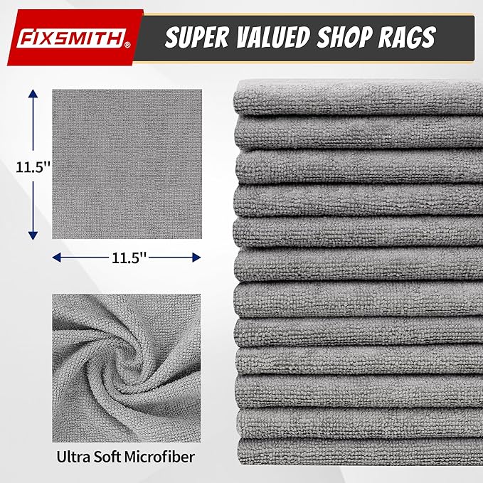 FIXSMITH Microfiber Cleaning Cloth, Shop Towels Bulk, 24 Pack Grey Microfiber
