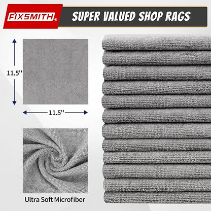 FIXSMITH Microfiber Cleaning Cloth, Shop Towels Bulk, 24 Pack Grey Microfiber