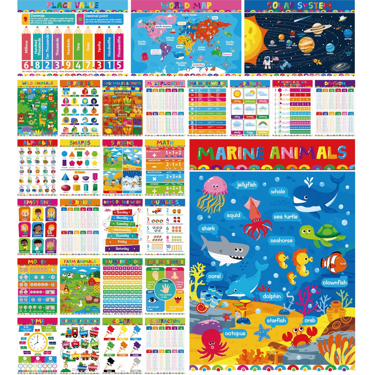 28 Educational Posters for Kids, All-in-One Set Learning Posters-Alphabet, Animals, Multiplication Chart, USA, World Map, Shapes, PET Film Coated School Supplies For Kindergarten, Preschool, Classroom