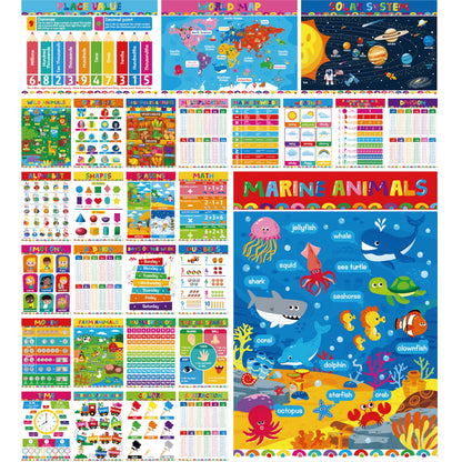 28 Educational Posters for Kids, All-in-One Set Learning Posters-Alphabet, Animals, Multiplication Chart, USA, World Map, Shapes, PET Film Coated School Supplies For Kindergarten, Preschool, Classroom