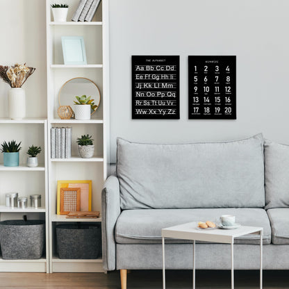 HRQKO Black Alphabet Numbers Nursery Canvas Wall Art Set of 2, Kids Room Decor Framed Art, Black ABC Numbers Educational Posters Wall Decor for Classroom Toddler Nursery Bedroom Playroom, 11x14 inch