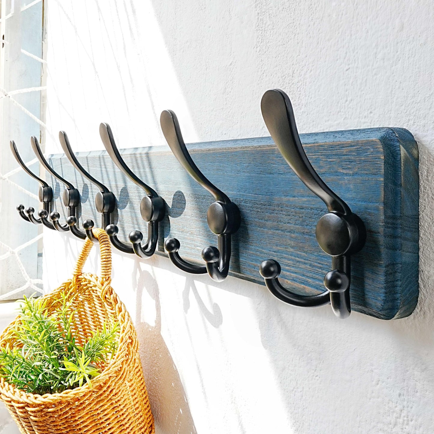 Dseap Coat Rack Wall Mounted - 24" Long 6 Tri Hooks, Heavy Duty Wooden Wall Coat Hanger Coat Hook for Clothes Hat Jacket Clothing, Weathered Blue and Black