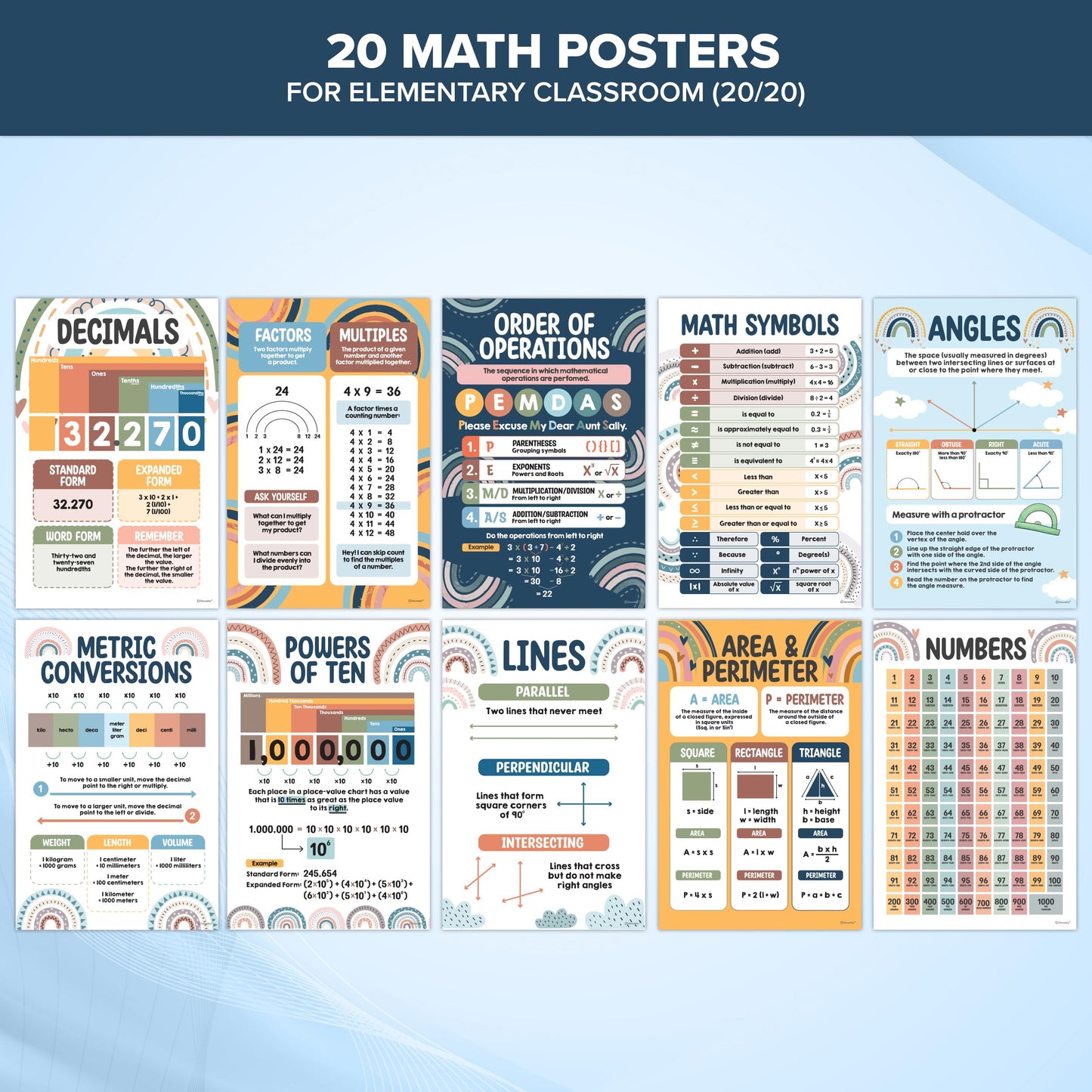 Decorably 20 Rainbow Boho Math Posters for Classroom, 11x17in Educational Matte-Laminated School Decor - for Hallways, Bulletin Boards, Home Study Room