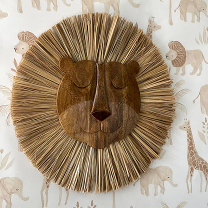 Crane Baby Handmade Wood Animal Safari Wall Art for Nursery Decor, Boho Jungle Theme, for Boys and Girls Lion 21L X 21W Brown