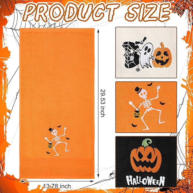 3 Pcs Halloween Hand Towels for Bathroom Embroidered Pumpkin Ghost Skull