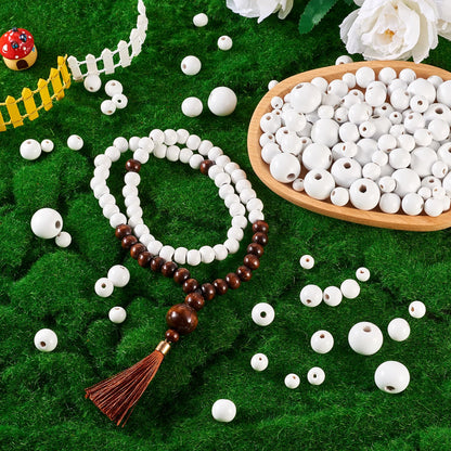 Pandahall 555 Pcs White Wooden Beads - 5 Sizes, Natural Wood Round Bead, Painted Wood, Large Hole, Wooden Spacer, Smooth for Farmhouse Garland, Craft Decor, Jewelry Making