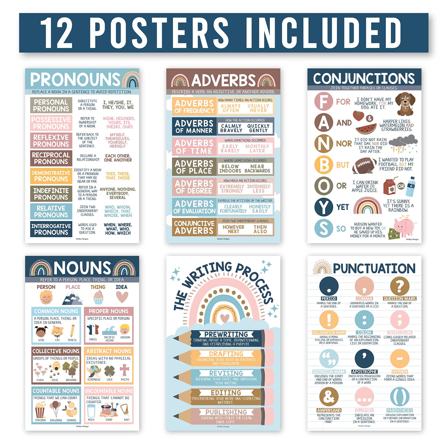 Parts of Speech Posters for Classroom Must Haves - 12 Grammar Posters, Writing Process for Homeschool, Elementary & Middle School, ELA 3rd 4th & 5th Grade Teacher Must Haves, Boho Classroom Decor