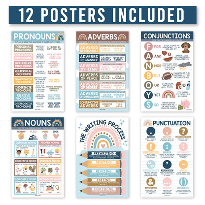 Parts of Speech Posters for Classroom Must Haves - 12 Grammar Posters, Writing Process for Homeschool, Elementary & Middle School, ELA 3rd 4th & 5th Grade Teacher Must Haves, Boho Classroom Decor