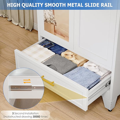 GAIOUS Steel Armoire WardrobeCloset with Mirror Door and Drawer 71" White | Household Wardrobe Cabinet with Hanging Rod, Metal Clothing Storage Cabinet with Adjustable Shelf for Bedroom, Cloak, Gym