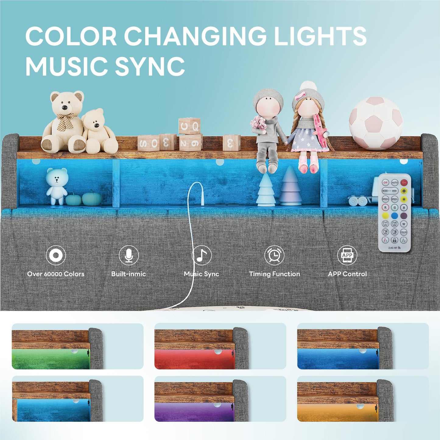 LIKIMIO Twin Bed Frame with 2 Storage Drawers, Charging Station & LED Lights, Upholstered Platform Twin Bed with Storage Headboard, Strong Wooden Slats, No Box Spring Needed, Easy Assembly, Grey
