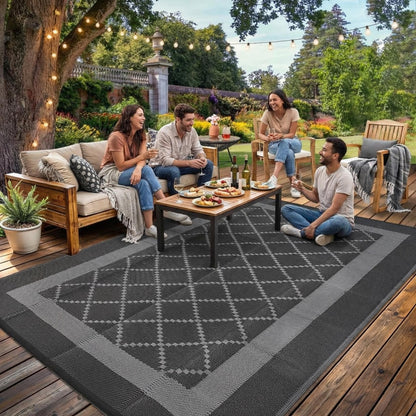 GAOMON Patio Rug 9x18 Waterproof Outdoor Plastic Straw Rug Reversible Camping Mat, Foldable Portable RV Picnic Carpet with Bag & 4 Stakes, UV Resistant Outside Carpet for Deck Balcony, Black&Grey