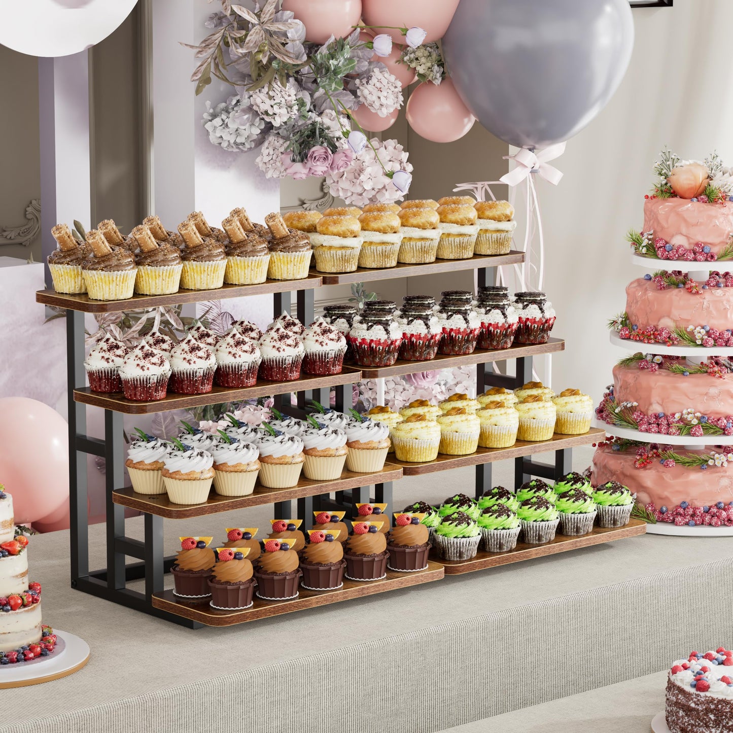 ZUJJAFY Cupcake Stand, Tiered Tray Stand Dessert Table Display Set, 4 Tier Cupcake Stand for 50 cupcakes, Wooden Risers Display Stands for Vendor Events, Party