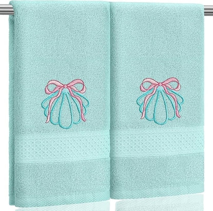 2 Pcs Shell Hand Towels Mint Blue Bathroom Decor 14x29 Inch Embroidered 100%