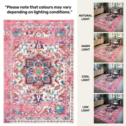 GLN Rugs Bohemian - Serik - Machine Washable Area Rug, Boho Washable, Non Slip, Low Pile Chenille Area Rug, Living Room, Bedroom, Kitchen Rug - Easy Clean (6' x 9' Pink/Multicolor)
