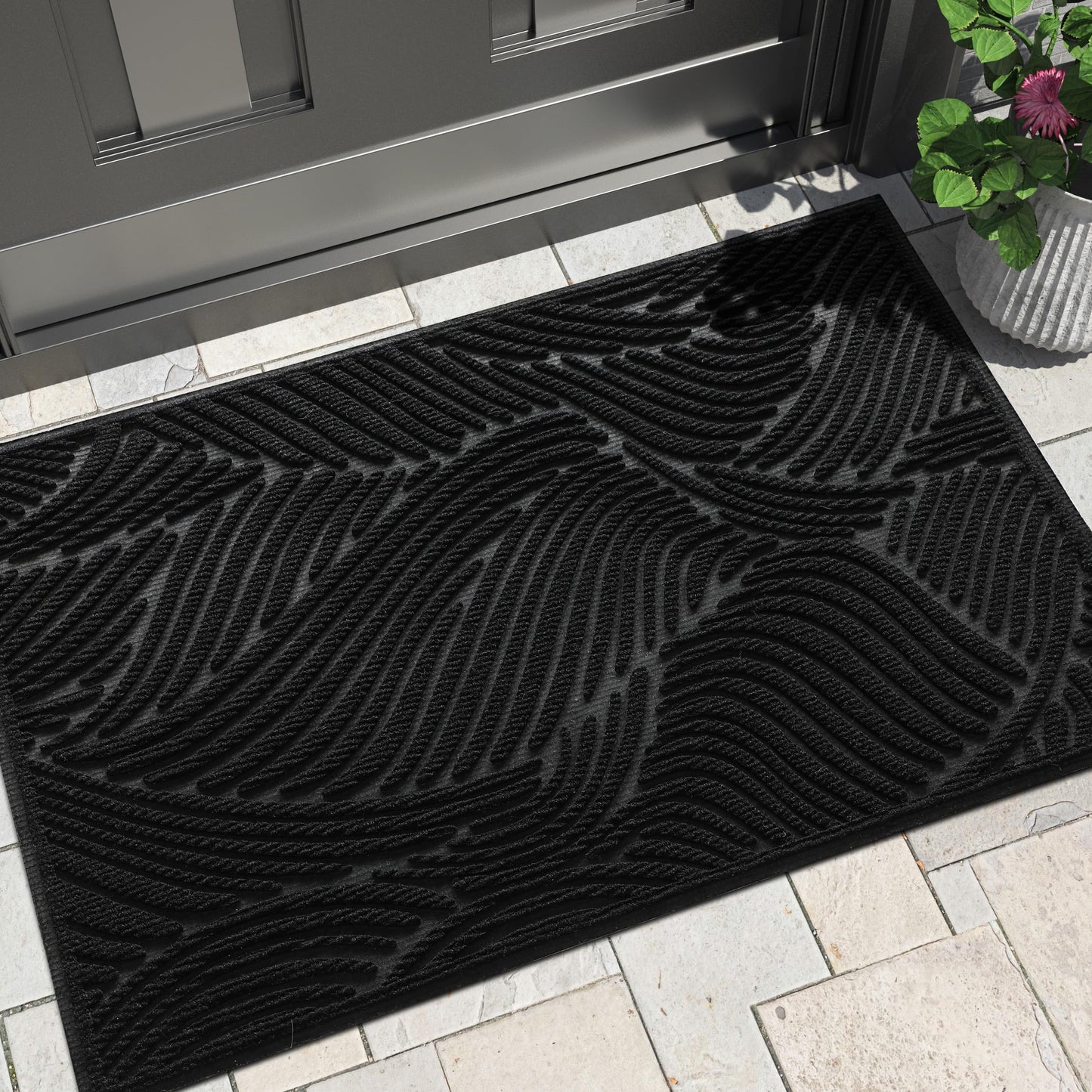 Yimobra Doormat Outdoor Entrance, Simple Stripes All-Weather Waterproof & Non-Slip Mat for Front Door, Heavy Duty Welcome Mat for Indoor, Garage, Patio-29.5x17, Black