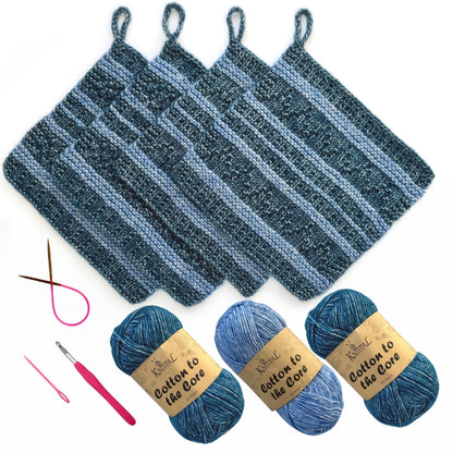 KnitPal Everyday Joy Knitting Kit – Make 4 Reusable Dishcloths for Confident Beginners – Cotton to The Core Yarn (#3 DK), Needles, Patterns & Video Tutorials (Jean Blue + Sky Blue)