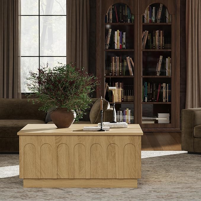 FORTUNETEC Lift Top Coffee Table with Storage, Modern Coffee Table with Arched Design, 31.5" Square Tea Table with Wood Grain, Boho Multifunctional Center Table for Living Room, Office, Oak