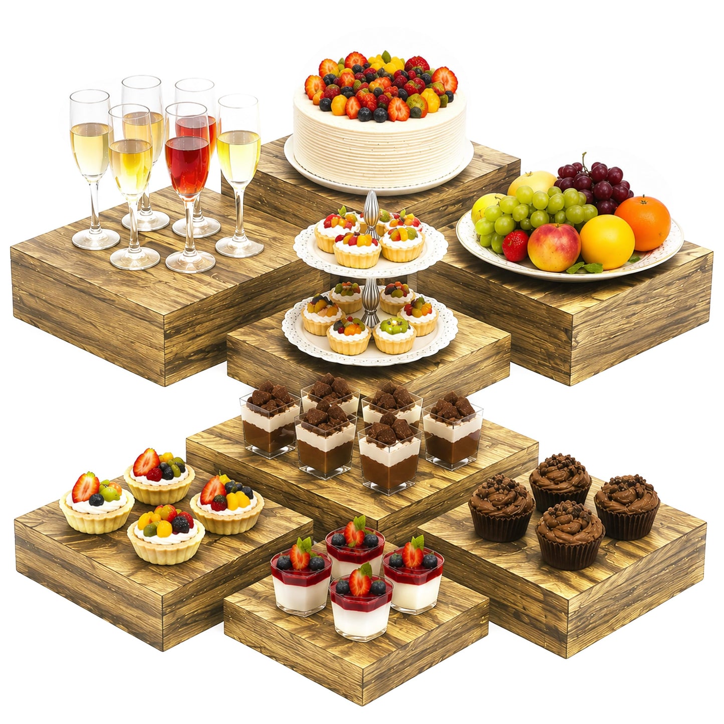 8 Packs Wood Buffet Risers, Multi-Size Food Risers, Square Paulownia Wood Nesting Cubes for Hollow Bottom Food Display, Stands for Buffet Tables & Catering, Party, Multi-Level Buffet Presentation