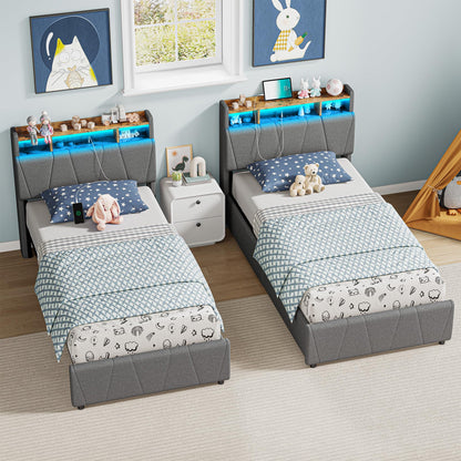 LIKIMIO Twin Bed Frame with 2 Storage Drawers, Charging Station & LED Lights, Upholstered Platform Twin Bed with Storage Headboard, Strong Wooden Slats, No Box Spring Needed, Easy Assembly, Grey
