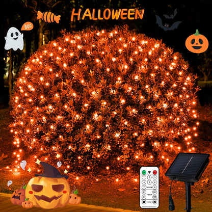 JMEXSUSS Orange Solar Halloween Lights Outdoor, 320 LED 9.8ft x 6.6ft Solar Net Lights Outdoor Waterproof, Solar Lights with 8 Modes Remote for Halloween Decorations