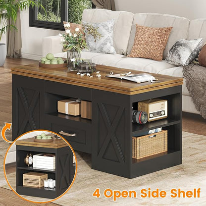 kepptory 39.4'' Lift Top Coffee Table with Storage, 4 in 1 Multi-Function Convertible Coffee Tables for Living Room, Farmhouse Coffee Table with Open Storage Compartment & Drawers (Brown&Black)