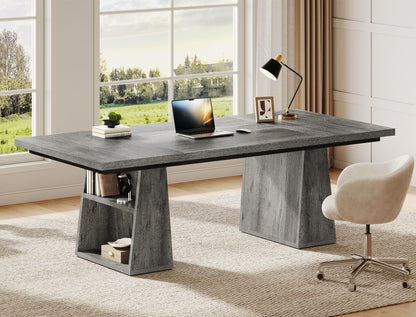 YITAHOME 63" Executive Desk, Large Office Desk Computer Desk with Double Pedestal and Storage Shelves, Wood Simple Workstations Writing Table Conference Table Business Furniture for Home Office, Grey