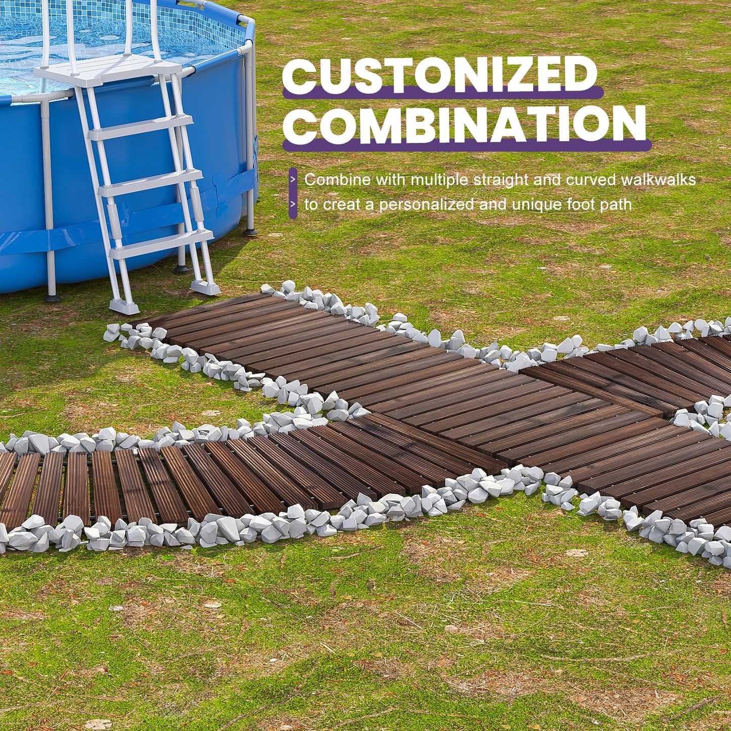 Wooden Garden Pathway, Outdoor Roll Out Sycamore Straight Walkway, Weather-Resistant (Carbonized, 6FT Curved)