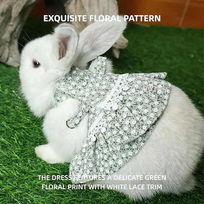 SMOLKITH Rabbit Clothes - Bunny Adjustable Green Floral Dress with Leash, Small Animal Apparel for Walking - Fits Guinea Pigs, Chinchillas, Meerkats, Prairie Dogs, Pet Rats and More