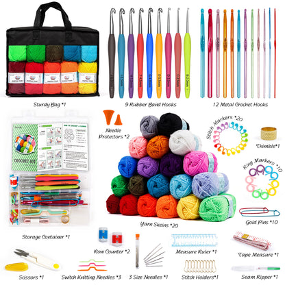 20 Large Acrylic Yarn Skeins-105 PCS Crochet Kit with Hooks Yarn Set, Premium Bundle Includes 2000 Yards Yarn Balls, Needles, Accessories, Ideal Starter Pack for Adults Beginner Professionals