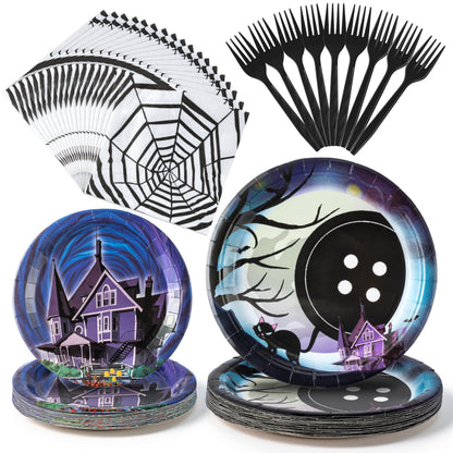 BOpusail 96P Starry Night Ghost House Party Tableware Set, Party Supplies for Kids Birthday School Spooky Night Theme Serves 24 Guests, Disposable Dinnerware Paper Dessert Dinner Plates Napkins Forks