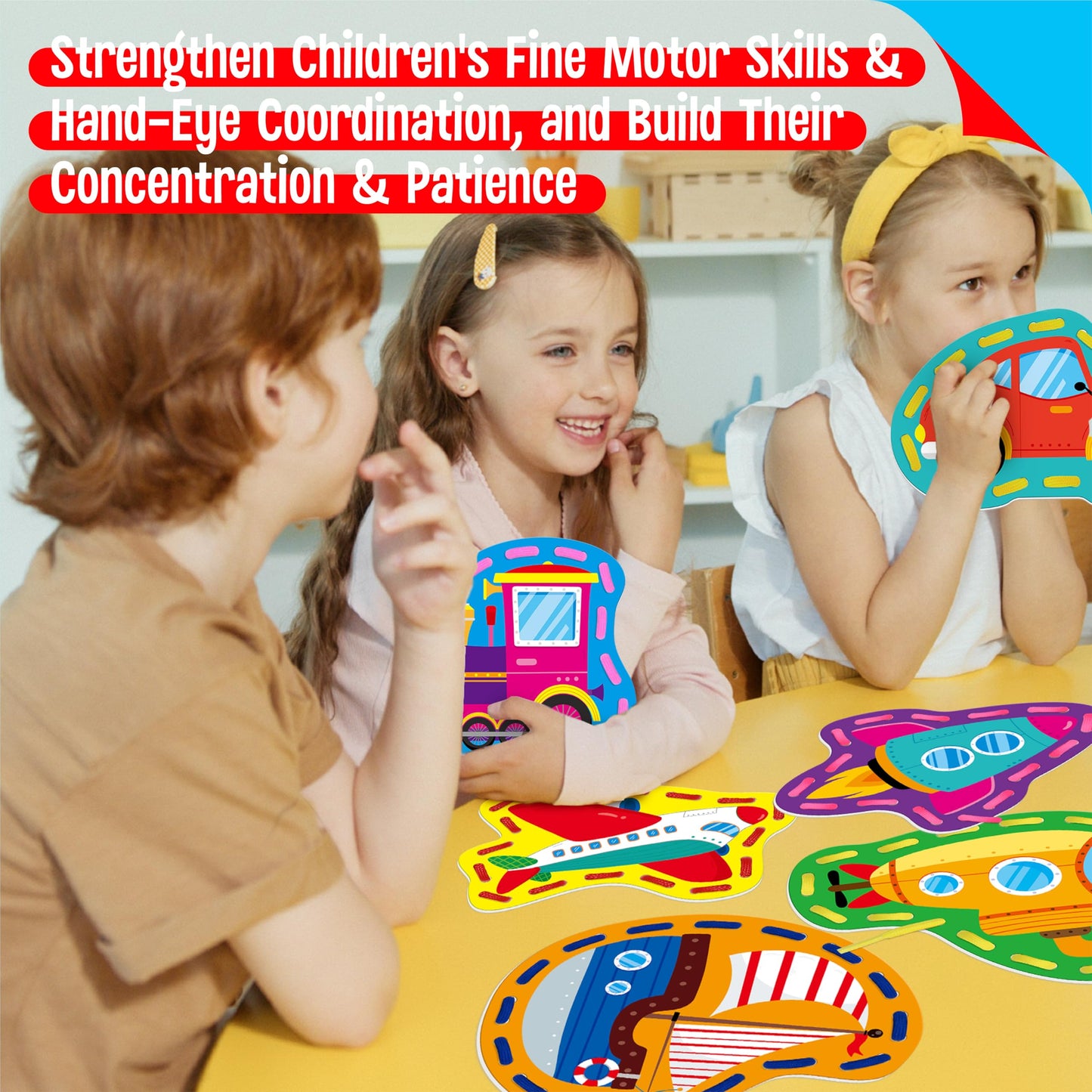 SpriteGru 9 Pieces Kids Lacing Cards, Double Sided Vehicle Sewing Cards with 9 Colorful Laces, Imagination Development Lacing Toys Games for Children Educational and Learning Activity