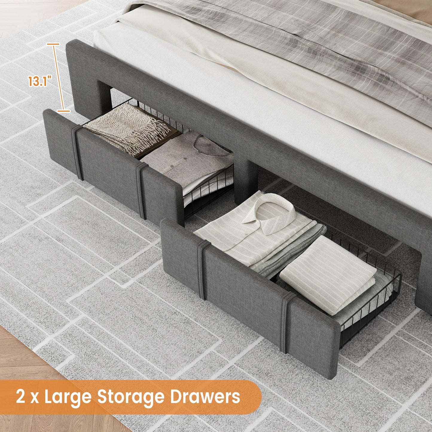 GAOMON King Size Upholstered Platform Bed Frame with Storage Drawers, Mattress Foundation with Solid Wooden Slats, No Box Spring Needed, Grey