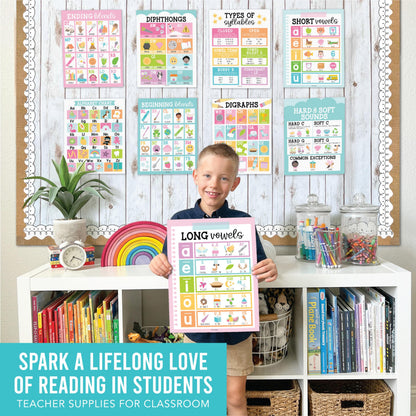 Hadley Designs Phonics Posters for Classroom Must Haves - 9 Sound Wall for Kindergarten & Elementary Teacher Supplies, Syllable, Vowels, Digraphs & Blends Bulletin Board Set, Pastel Classrom Decor