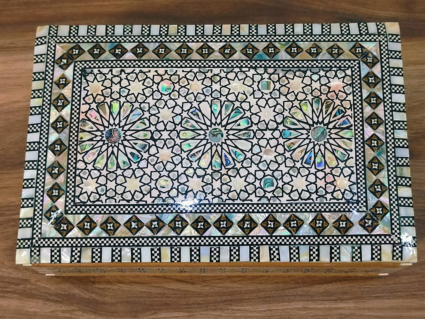 FAMA.store Handmade Egyptian Jewelry Box – Mother of Pearl Inlay – Decorative Wooden Trinket Box for Women Oriental Keepsake Storage Organizer (8.8" x 5.8" x 2.8"inch M05)