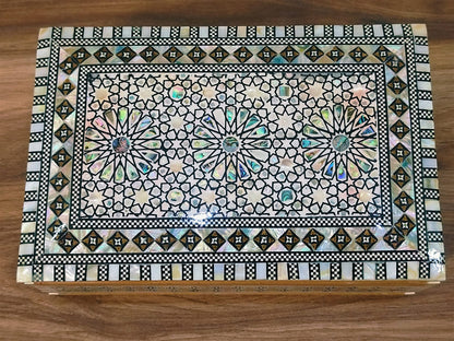 FAMA.store Handmade Egyptian Jewelry Box – Mother of Pearl Inlay – Decorative Wooden Trinket Box for Women Oriental Keepsake Storage Organizer (8.8" x 5.8" x 2.8"inch M05)